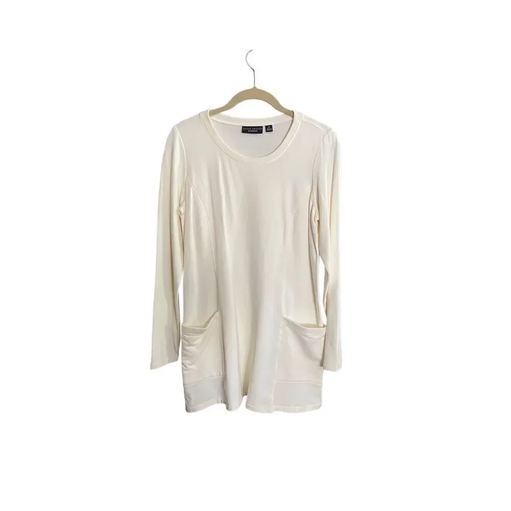 Susan graver weekend liquid knit ivory long sleeve tunic top S/XS
